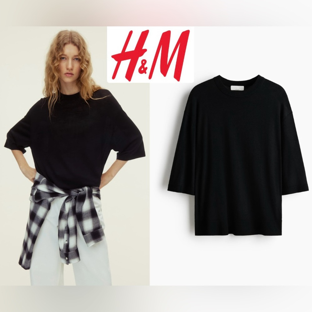 NEW H&M Merino Wool T-shirt top - 100% wool - Black Relaxed Fit - Size Medium
